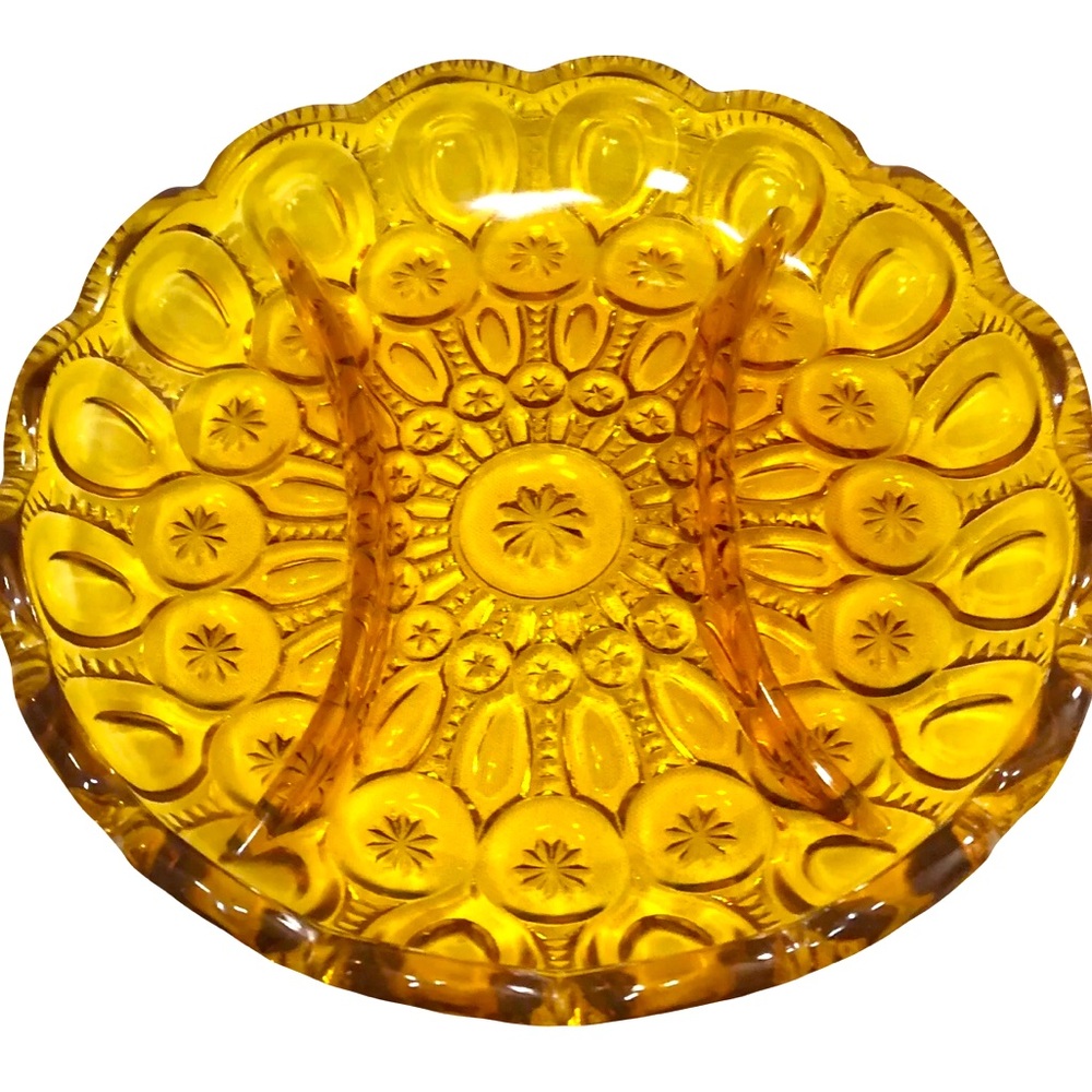 LE Smith Moon and Stars Amber Glass Divided VTG 1960s MCM Relish Candy Dish EUC